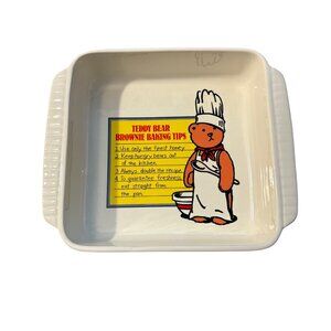 Vintage Teddy Bear Ceramic Baking Dish With Recipe Print 8" Square White
